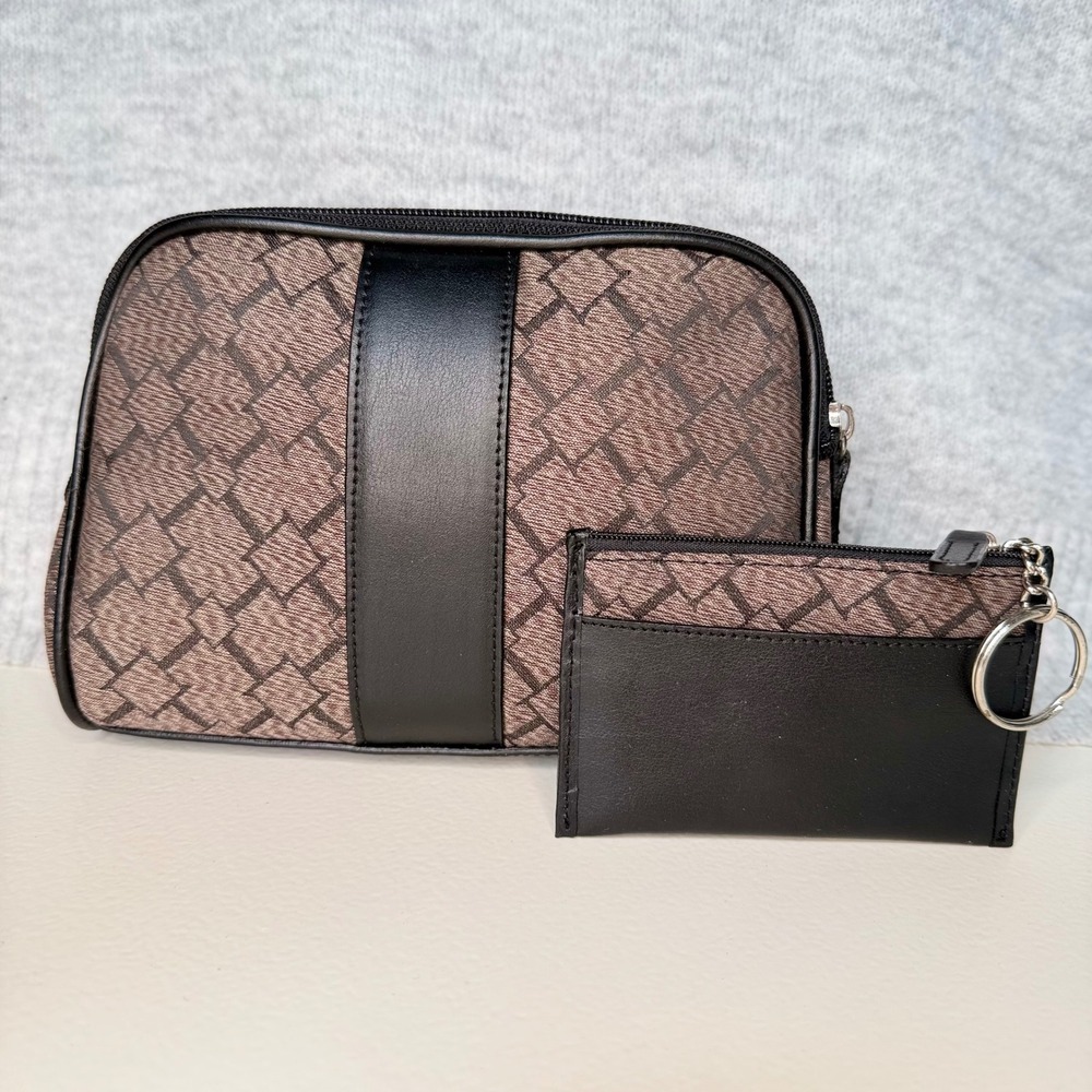 NEW Longaberger Signature Medium Cosmetic Bag and Coin Purse Set Brown Black - Picture 2 of 8